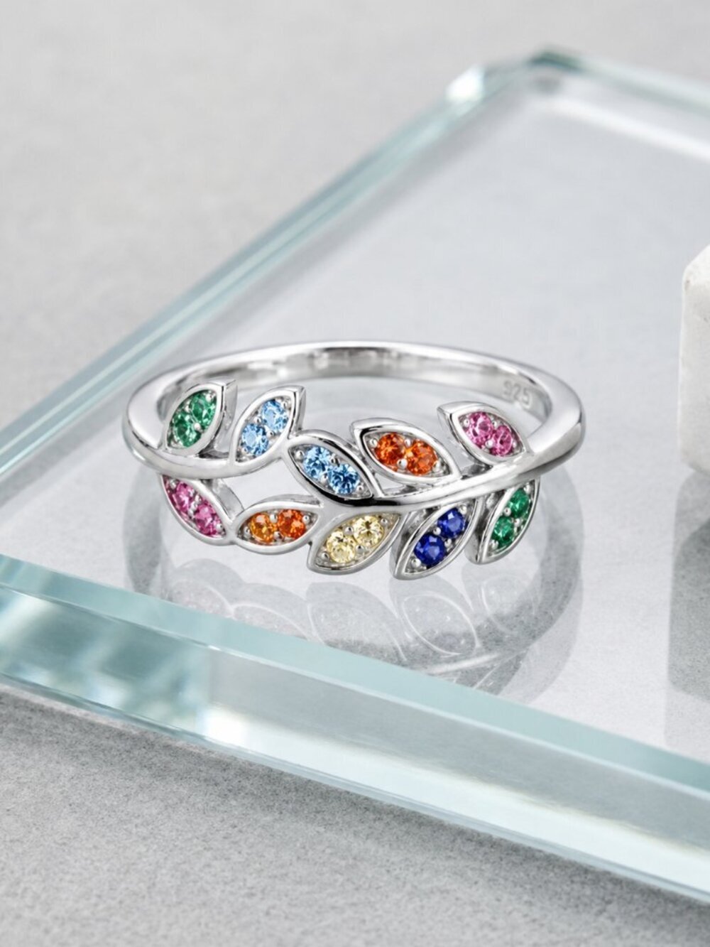 Multicolor CZ Leaf Vine Ring S925 Sterling Silver Cottagecore Naturecore Size 7